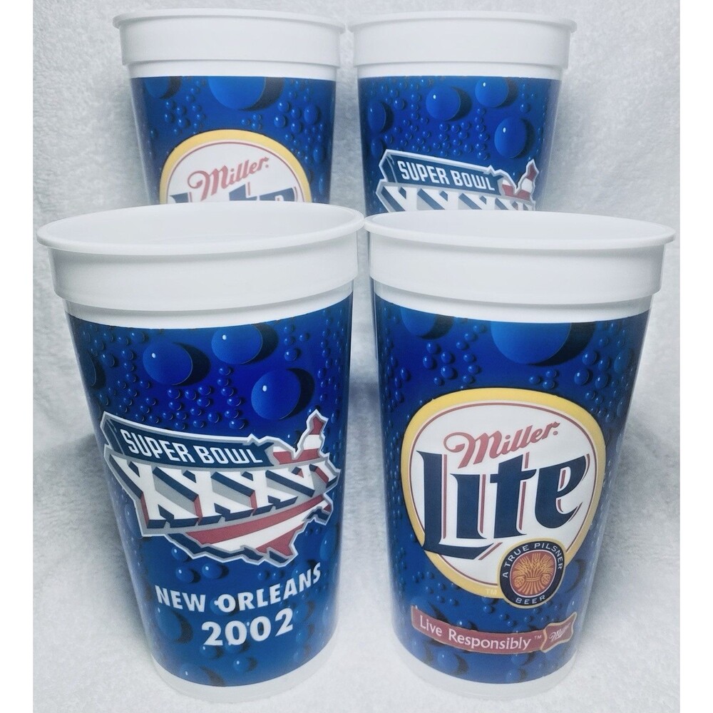 Super Bowl XXXVI 2002 Miller Lite Cups Set of 4 | Patriots First Win NFL